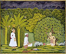 Akbar og Tansen besøger Haridas i Vrindavan, Rajasthan-stil, ca. 1750. – Akbar til venstre klædt som en almindelig mand - Tansen (1500-tallet), der lytter med, regnes for en stor musiker inden for klassisk Hindustan-musik (en)