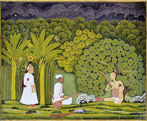 Akbar watching as Tansen receives a lesson from Swami Haridas. Imaginary situation depicted in Mughal miniature painting (Rajasthani style, c. 1750 AD