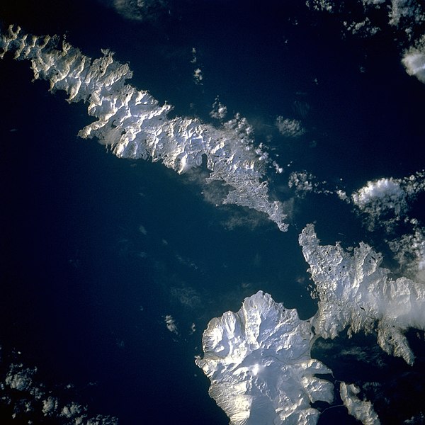 Image of the islands taken by the STS-56 crew. Amlia Island is visible in the upper left of the photo, while the eastern half of Atka Island is shown 