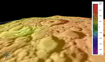 Computer-generated image of the crater Amici (bottom center), colorized to show altitude (see key on right). Amici crater.png