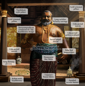 An artistic depiction of Kulothunga Chola with description of all the items. These items are from different parts of the world and shows how globalised the world was.