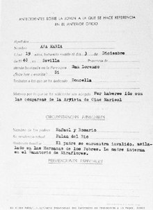 An intake file of a teenager named Ana Maria in 1948 in Seville who had been placed into government care for her own protection. Ana maria antecedents sobre la joven a la que se hace referencia en el anterior oficio.pdf