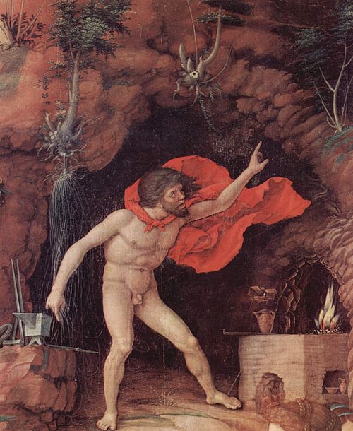 Andrea Mantegna: Parnassus (detail): Vulcan, god of fire (1497)