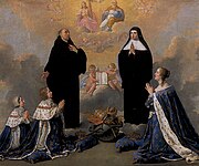 Anne of Austria with her children praying to the Holy Trinity with St Benedict and his sister St Scholastica by Philippe de Champaigne