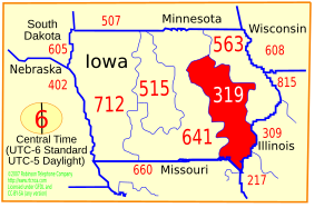 Numbering plan areas of Iowa with the red area indicating area code 319 Area code 319.svg