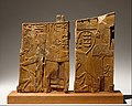 Arm panel from a ceremonial chair of Thutmose IV depicting the king as a sphinx trampling enemies, now in the Metropolitan Museum