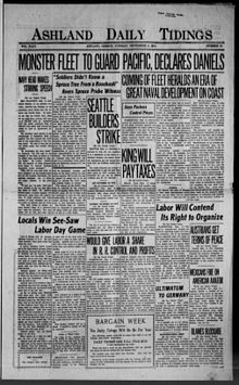 Front page of the newspaper on September 2, 1919 Ashland Daily Tidings.jpg