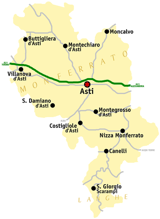 Uvalino has been historically associated with the province of Asti, particularly around the commune of Nizza Monferrato. Asti mappa.png