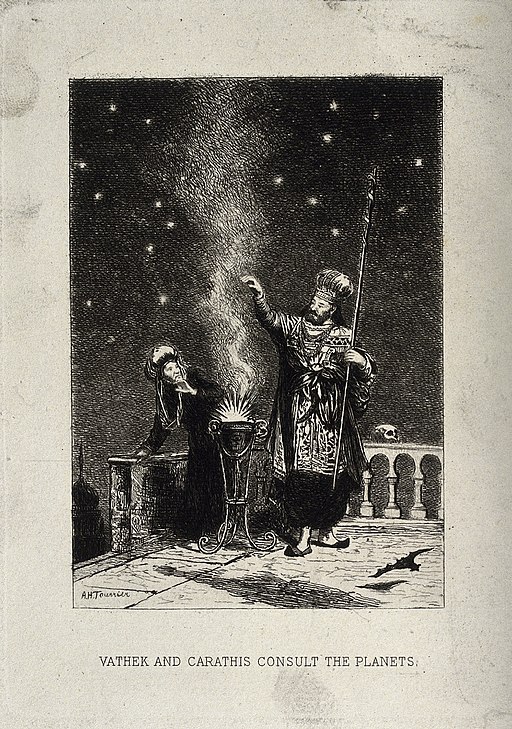 Vathek and his mother Caranthus consult the planets as smoke from a small fire rises into the night sky.