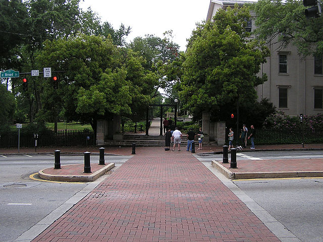 Broad Street in Downtown Athens at an entrance to North Campus of the University of Georgia