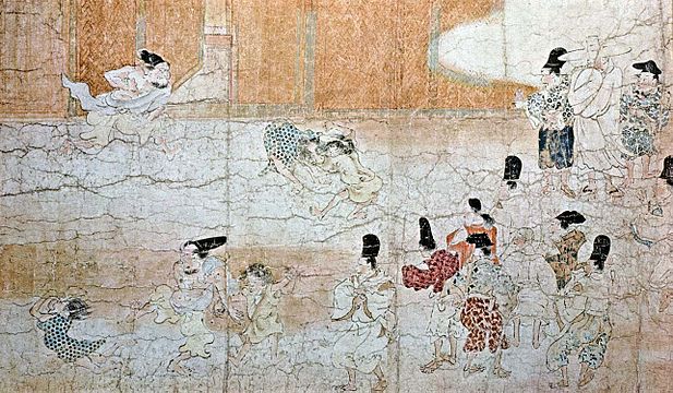 Iji-dō-zu: two children fight in the centre under the amused eyes of the crowd, then the father of one of them runs up to the left, and unceremoniously expels his son's rival. Ban Dainagon Ekotoba, 12th century