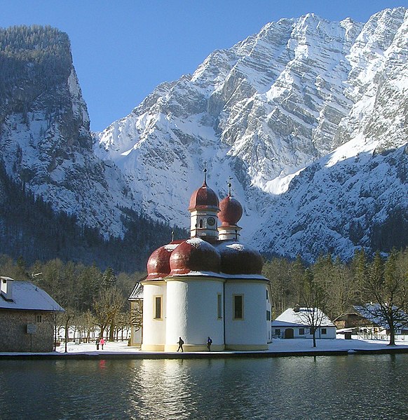Watzmann East Face, rising behind St. Batholomew's church at lake Königssee.