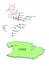 Map showing the disposition of the fleets on 20 July Battle of Lissa - 1866 - Initial Situation.svg