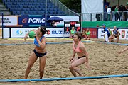 Deutsch: Beachhandball Europameisterschaften 2019 (Beach handball Euro); Tag 5: 6. Juli 2019 – Frauen, Platzierungsspiel für die Ränge 17–20, Nordmazedonien-Slowenien 0:2 (10:13, 9:15) English: Beach handball Euro; Day 5: 6 July 2019 – Placement Match/Cross Match for rank 17–20 Women – North Macedonia-Slovenia 0:2 (10:13, 9:15)