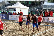 Deutsch: Beachhandball Europameisterschaften 2019 (Beach handball Euro); Tag 1: 2. Juli 2019 – Männer, Vorrunde Gruppe D, Frankreich-Montenegro 2:0 (19:7, 18:9) English: Beach handball Euro; Day 1: 2 July 2019 – Men Preliminary Round Group D – France-Montenegro 2:0 (19:7, 18:9)