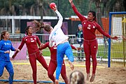 Deutsch: Beachhandball bei den Olympischen Jugendspielen 2018; Tag 6, 11. Oktober 2018; Mädchen, Platzierungsspiel um Platz 7 - Russland-Venezuela 2:0 English: Beach handball at the 2018 Summer Youth Olympics at 11 October 2018 – Girl's Placement Match 7-8 – Russia-Venezuela 2:0