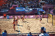 Deutsch: Beachhandball bei den Olympischen Jugendspielen 2018; Tag 3, 10. Oktober 2018; Mädchen, Vorrunde, Gruppe B - Niederlande-Argentinien 2:0 English: Beach handball at the 2018 Summer Youth Olympics at 10 October 2018 – Girls Preliminary Round Group B‎ – Netherlands-Argentina 2:0