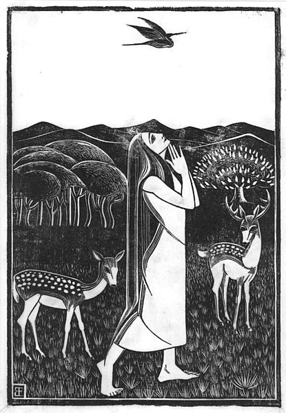 File:Beatrijs praying amidst some deer, illustration to Boutens ' Beatrijs PK-1944-P-4.jpg