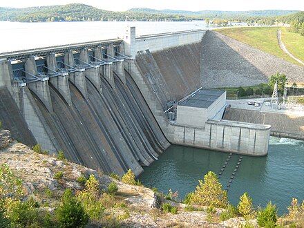 Beaver Dam impounds the White River, creating Beaver Lake. Beaver Dam in Arkansas.jpg