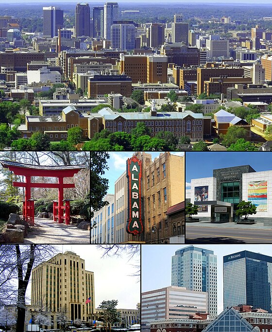 From top left: Downtown from Red Mountain; Torii in the Birmingham Botanical Gardens; Alabama Theatre; Birmingham Museum of Art; City Hall; Downtown Financial Center