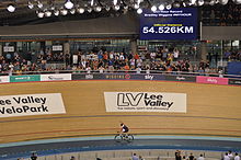 Wiggins celebrating his hour record of 54.526 km at London's Lee Valley VeloPark in June 2015 Bradley Wiggins Hour Record 6.jpg