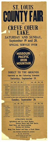 File:Broadside showing train schedules to St. Louis County Fair at Creve Coeur Lake, September 19-20, (1908?).jpg