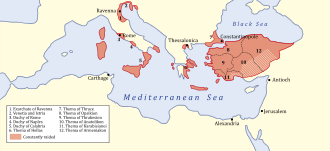 Barevná mapa znázorňující rozsah Byzantské říše v roce 717