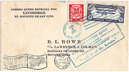 B.L. Rowe corner cover flown in the Spirit of St. Louis from Santo Domingo to Port-au-Prince and Havana