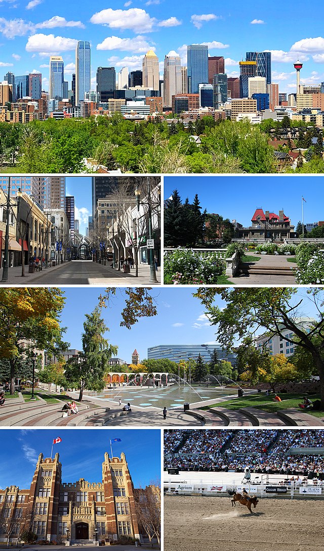 De cima, da esquerda para a direita: o Centro de Calgary, Lougheed House, Avenida Stephen, Olympic Plaza, Instituto de Tecnologia do Sul de Alberta, Calgary Stampede.