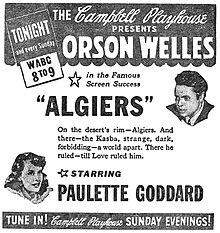 Newspaper advertisement for The Campbell Playhouse presentation of Algiers (October 8, 1939)