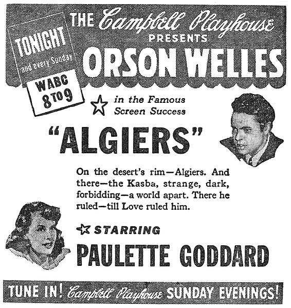 Newspaper advertisement for The Campbell Playhouse presentation of Algiers (October 8, 1939)