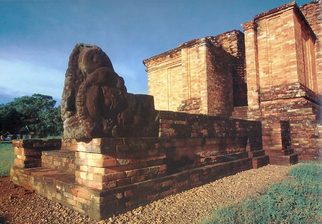 Makara, the portal guardian statue of Candi Gumpung, a Buddhist temple at Muaro Jambi archaeological site, Jambi.