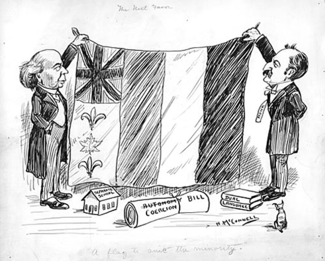 A 1911 political cartoon on Canada's bicultural identity showing a flag combining symbols of Britain, France and Canada; titled "The next favor. 'A fl