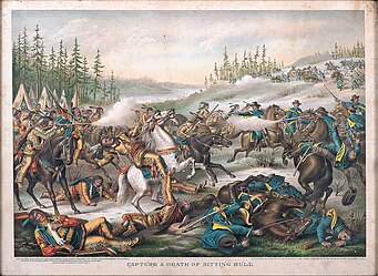 Sitting Bull was killed in a shoot out between Indian police and Lakota on December 15, 1890. Capture and Death of Sitting Bull by Kurz & Allison, 1890.jpg