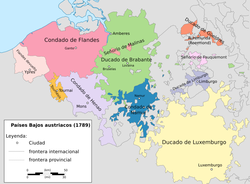 File:Carte montrant les Pays-Bas autrichiens et leurs provinces, tels qu'en 1789-es.svg