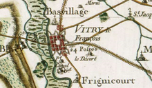 Mapa Cassini z Vitry-le-François z roku 1760. Naleznete plán města a uvidíte jeho hradby.