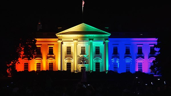 The White House, illuminated in rainbow colors, on the evening of the Obergefell ruling, June 26, 2015.