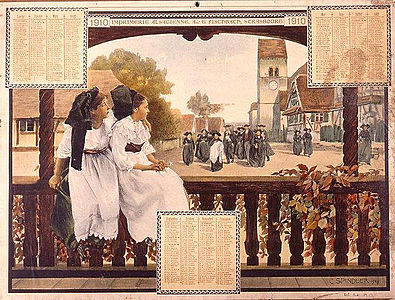Baptême dans un village d'Alsace du Nord, calendrier (1910).