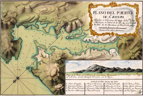 A post 1770 large scale, southeast-up map of Chatham Harbour (Puerto de San Joseph in the title); the illustration shows a north view of the harbour entrance marked by Bald Island (island “A”), with Mount Weddell prominent in the background