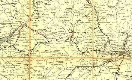 Route of the Great Western Railway on Cheffin's Map, 1850. The sweep to the north from Reading is clearly seen.