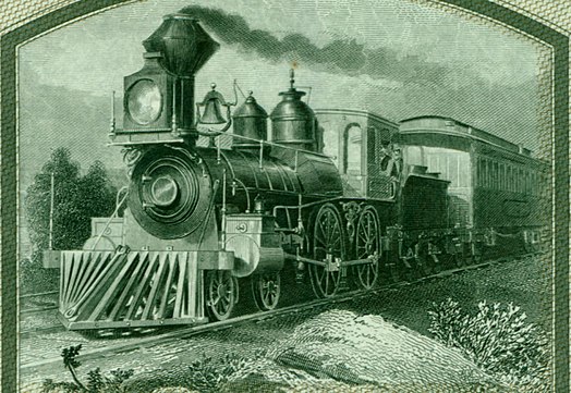 Chicago, St. Paul, Minneapolis and Omaha Railway Close-Up of Generic 4-4-0 Locomotive Featured on Stock Certificate