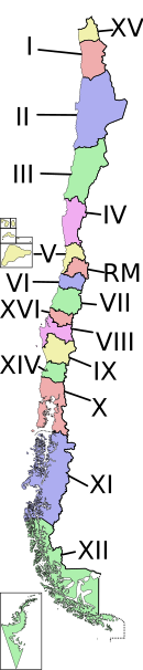 Regions of Chile by their Roman numeral. ChileRegions (+Numbers).svg