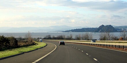 M8 nearing the west terminus of the motorway at Langbank, with views over the Clyde