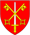 Coat of arms of the See of Exeter: Gules, a sword erect in pale argent hilted or surmounted by two keys addorsed in saltire of the last