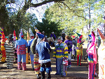 Mardi Gras celebrants wearing capuchons Courir run 2010 01.jpg