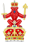 Cimera del Escudo de armas de Escocia (1837) sobre la corona, un león sejante de frente (affrontée) de gules, coronado imperialmente de oro, sosteniendo en la zarpa diestra una espada y en la zarpa siniestra un cetro.