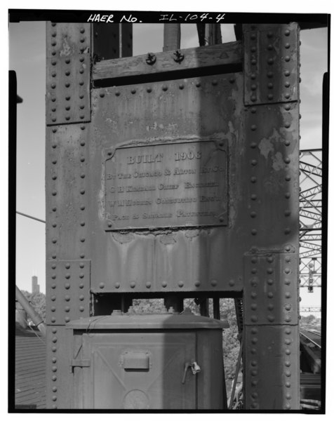 File:DETAIL OF BUILDER'S PLATE WHICH READS 'BUILT 1906 BY THE CHICAGO AND ALTON RY. CO.; G.H. KIMBALL CHIEF ENGINEER; W.M. HUGHES CONSULTING ENG'R; PAGE and SHNABLE PATENTEES' - HAER ILL, 16-CHIG, 114-4.tif