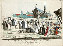 In this caricature, monks and nuns enjoy their new freedom after the decree of 16 February 1790. Decret de l'Assemblee National qui supprime les Ordres Religieux et Religieuses.jpg