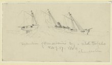 Destruction of the USS Housatonic; sketch by war artist William Waud. Destruction of Housatonic by a rebel torpedo. Feb. of 17 1864. Charleston LCCN2004660354.tif