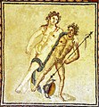 Dionysos stützt sich betrunken auf einen Satyr (Mosaik aus dem Peristylhaus mit dem Dionysosmosaik, Köln)